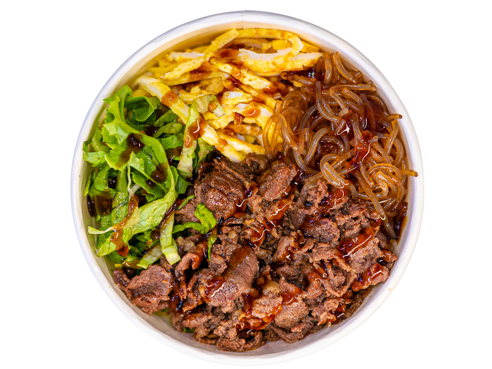 Korean beef bulgogi cupbap — sweet-savory marinated beef over seasoned rice in a takeout bowl