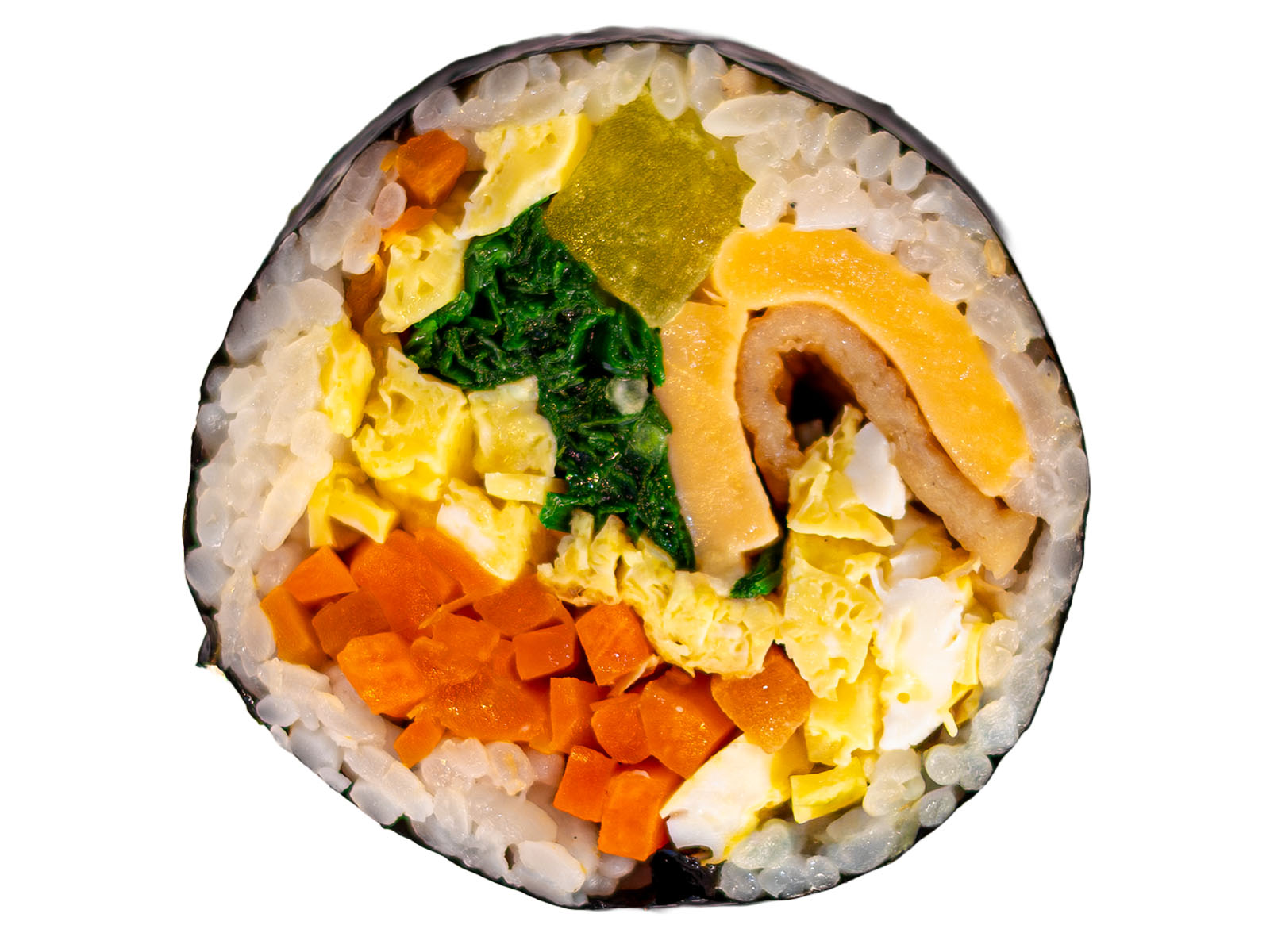 Korean cheese kimbap — seaweed rice roll filled with melted cheese, pickled radish, egg, and crisp vegetables