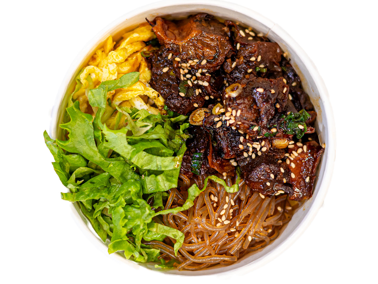 Korean galbi beef cupbap — grilled premium short rib over seasoned rice in a takeout bowl