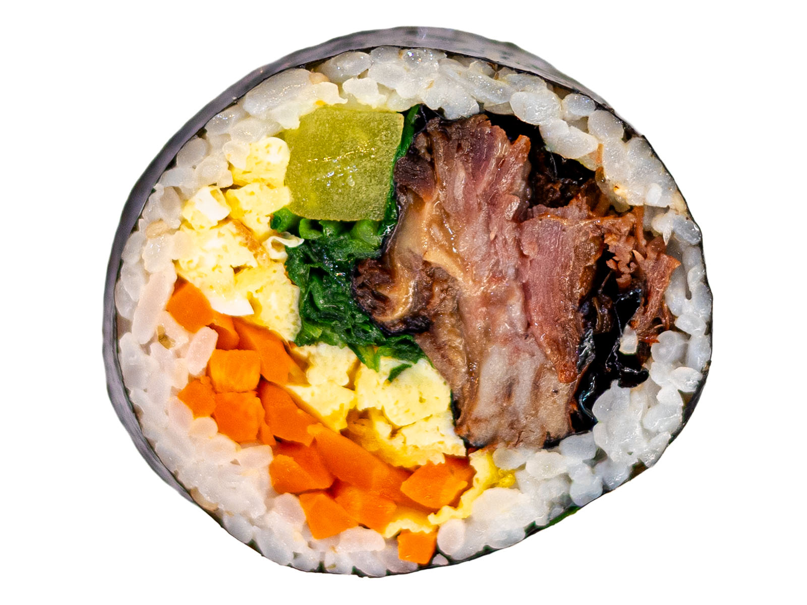 Korean galbi beef kimbap — premium grilled short rib and vegetables in a seaweed rice roll