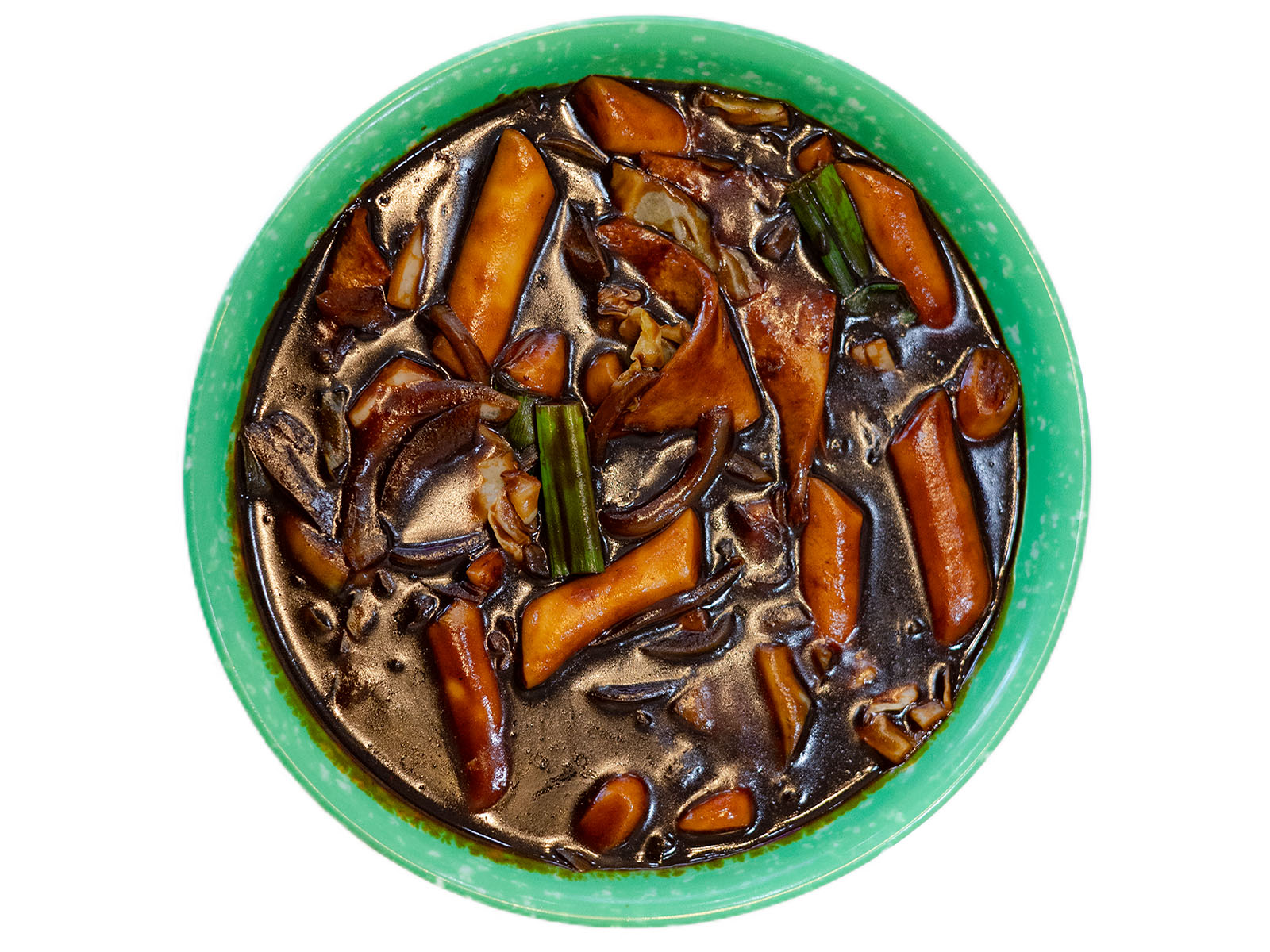 Korean jjajang tteokbokki — chewy rice cakes in a savory black bean jjajang sauce