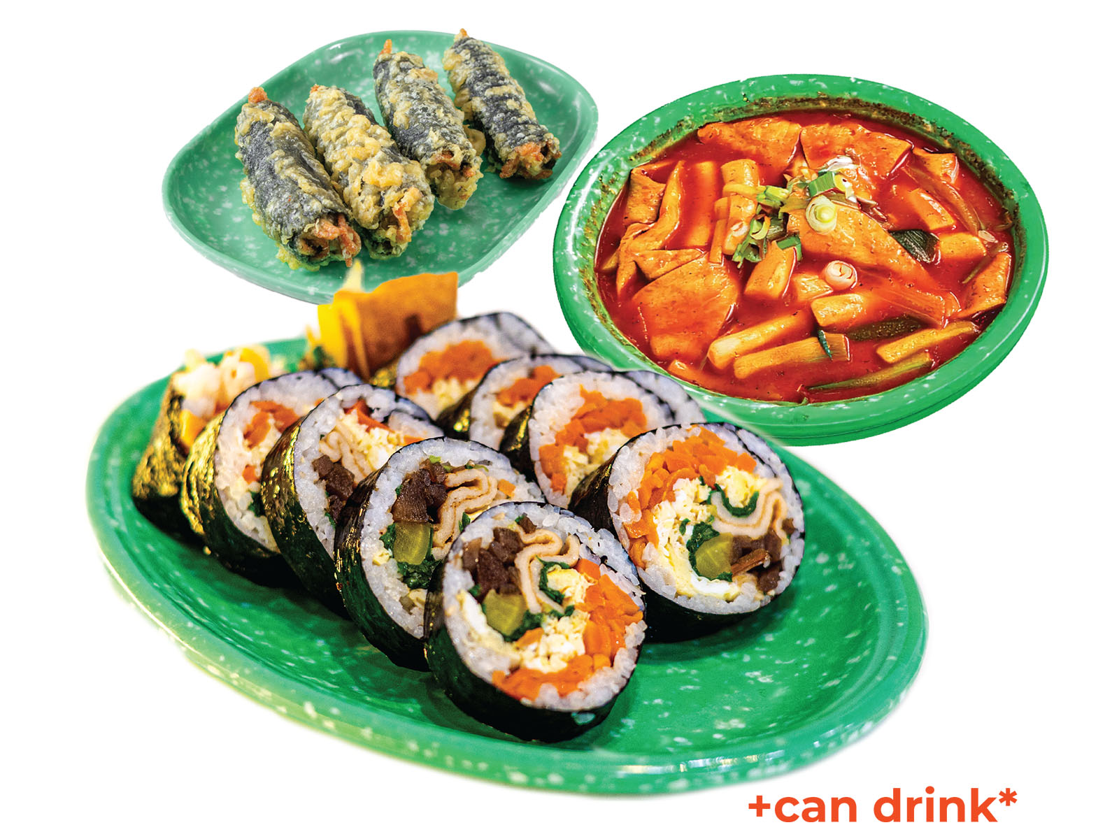 Bunsik 88 Combo 1 — Korean street food meal with 88 Veggie Kimbap, Classic Tteokbokki, a fried snack, and a canned drink ($25.99)