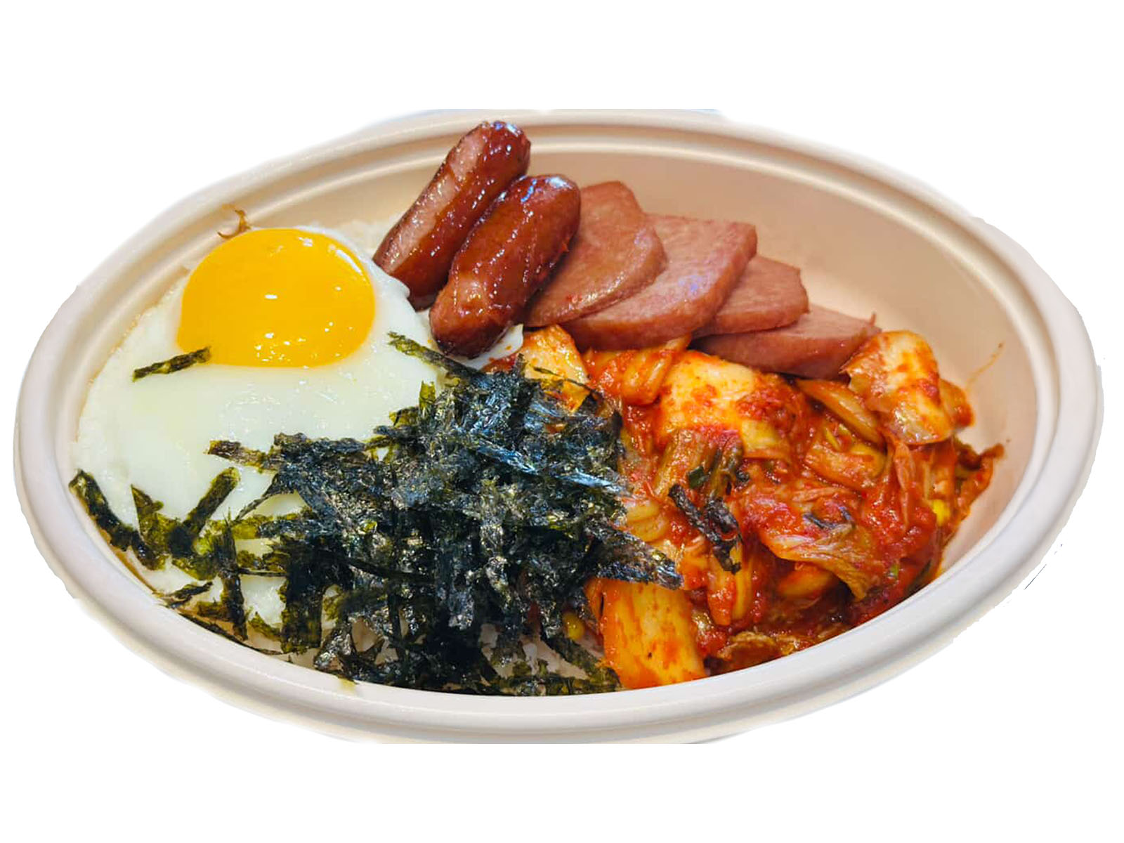 Bunsik 88 Korean lunch box — kimchi fried rice with pan-seared spam, fried egg, and seaweed