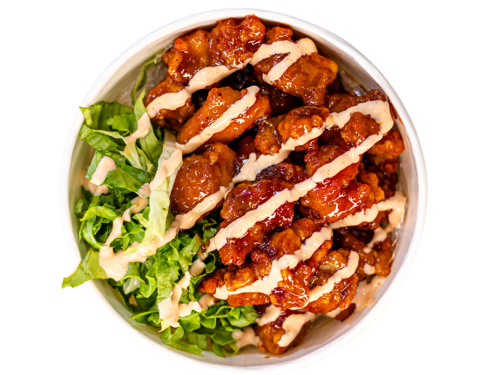 Korean popcorn chicken cupbap — bite-sized crispy chicken over rice with sweet-spicy sauce