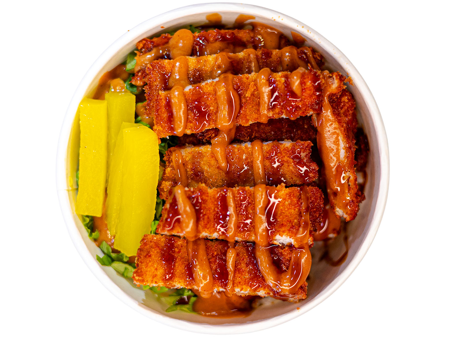 Korean pork katsu cupbap — crispy pork cutlet sliced over seasoned rice with house katsu sauce