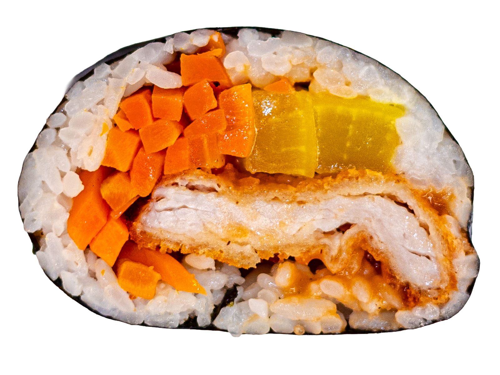 Korean pork katsu kimbap — crispy panko-breaded pork cutlet with vegetables in a seaweed rice roll