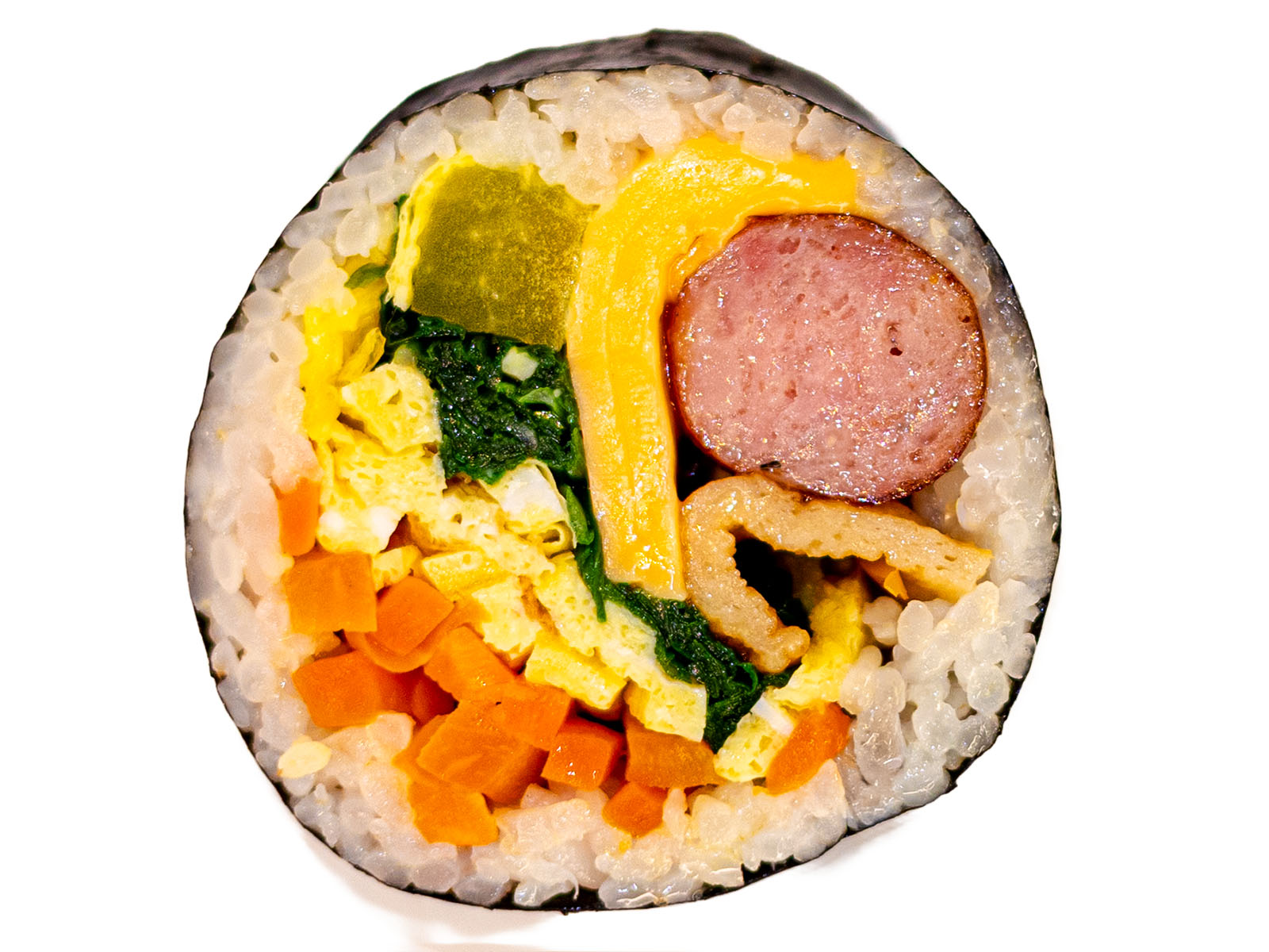 Korean sausage and cheese kimbap — Korean sausage and melted cheese in a seaweed rice roll
