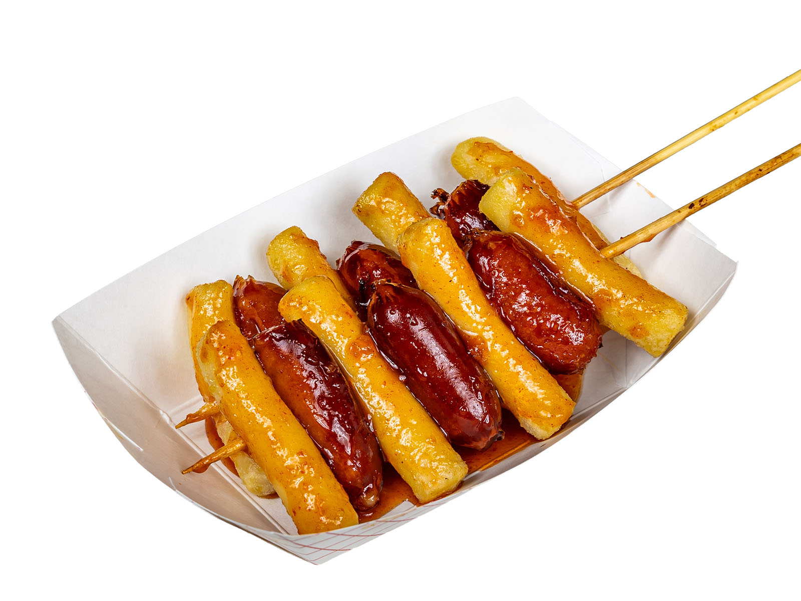 Korean sotteok-sotteok skewer — alternating Korean sausage and chewy rice cake with sweet-spicy glaze