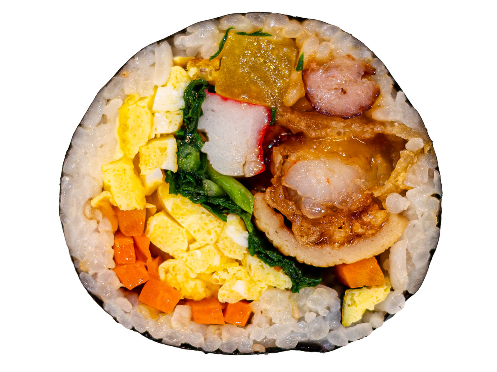 Korean shrimp tempura kimbap — golden shrimp tempura and crisp vegetables in a seaweed rice roll