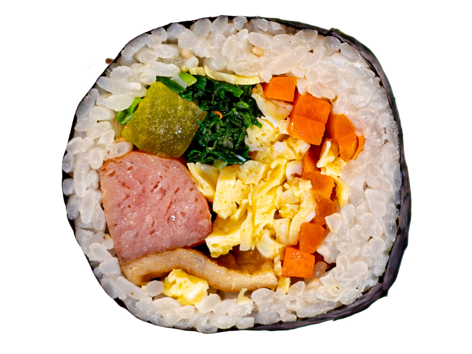 Korean spam kimbap — pan-seared spam, seasoned rice, and pickled vegetables in a seaweed roll