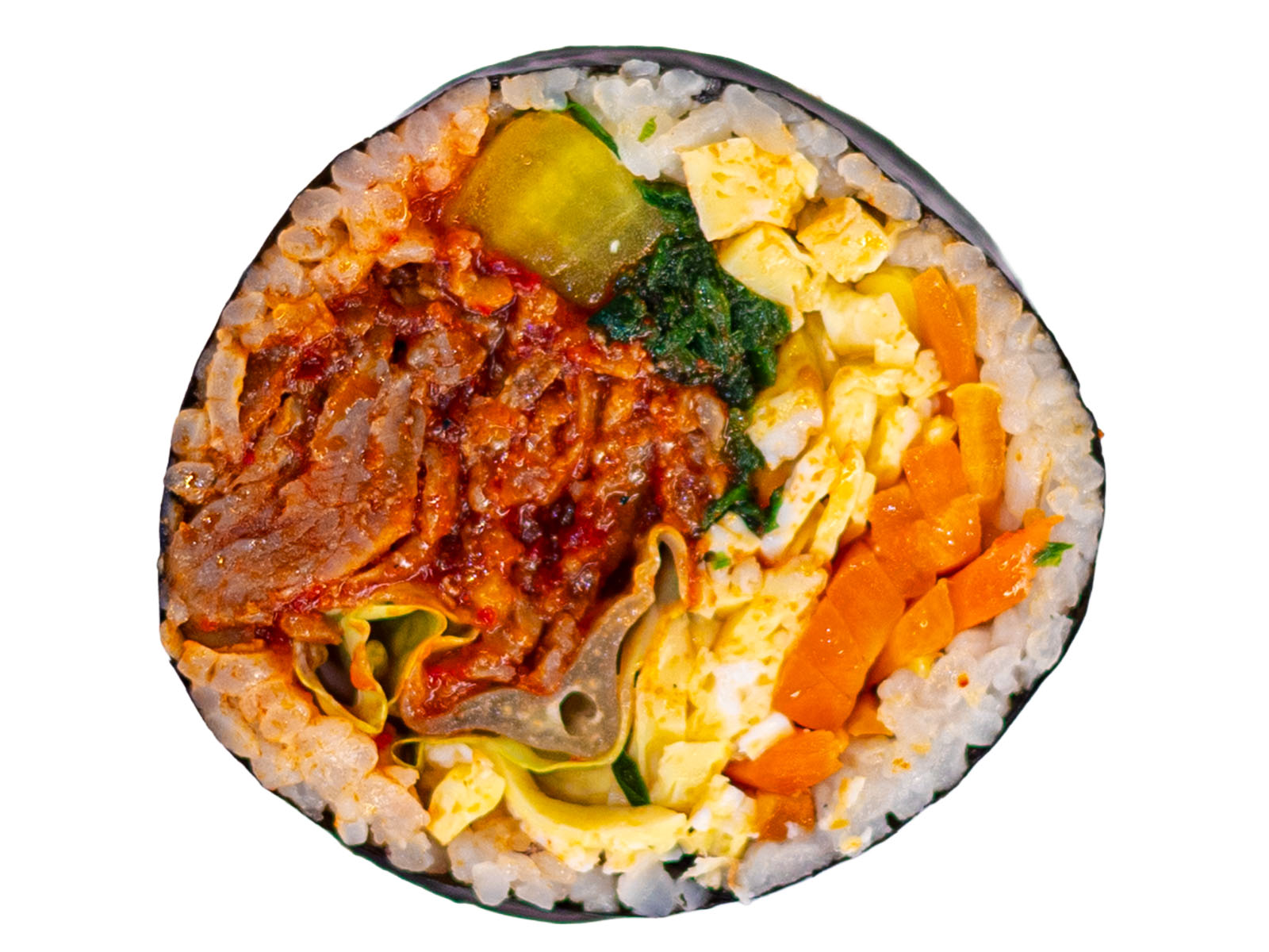 Korean spicy pork bulgogi kimbap — gochujang-marinated pork and vegetables in a seaweed rice roll