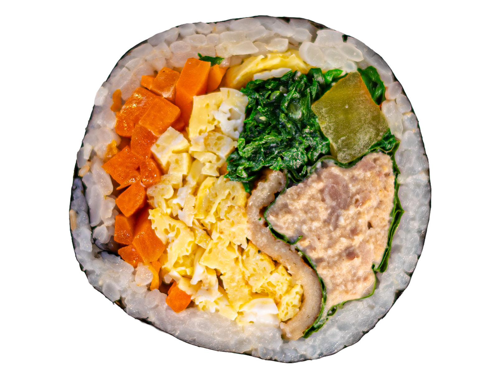Korean tuna kimbap — seaweed rice roll with creamy tuna salad, egg, and fresh vegetables