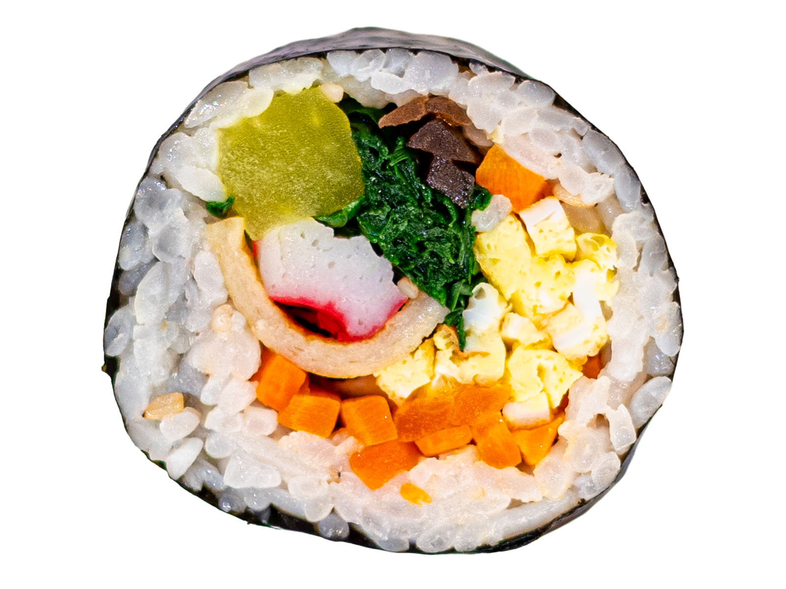 Bunsik 88 signature vegetable kimbap — seasoned rice with pickled radish, spinach, carrot, and burdock